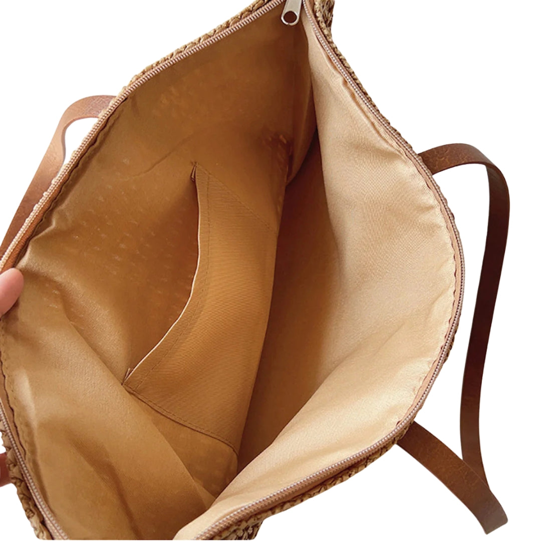 Wicker Basket Bag with Leather Handles for Women