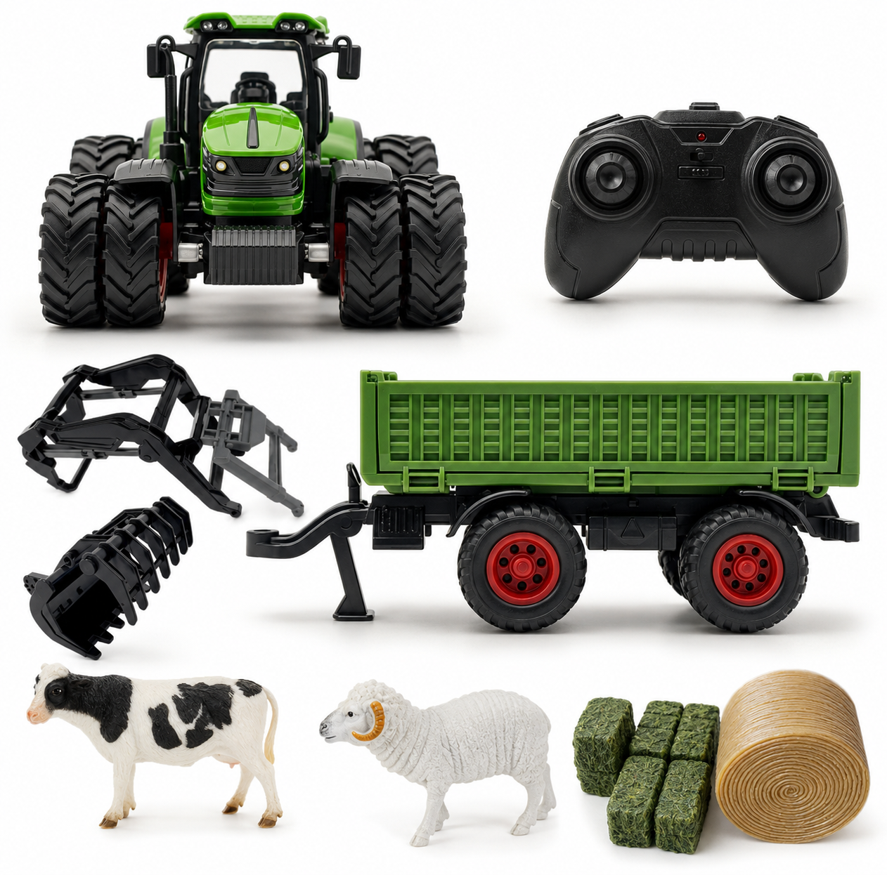 Children's Toy Remote-Controlled Tractor with Metal Trailer
